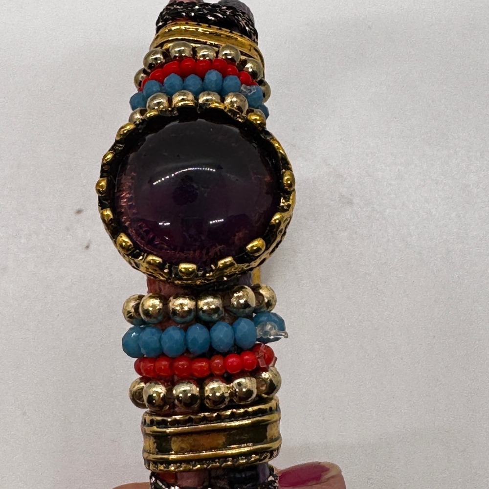 Laura Janelle Magnetic Wrap Bracelet Boho Multi Strand Beaded Purple Cabochon - Picture 6 of 7